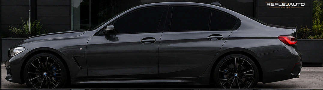 BMW Serie 3 gris de perfil con polarizado al 5 %: los vidrios se ven prácticamente opacos desde el exterior.