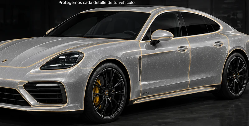 Vista lateral de un Porsche Panamera con el contorno de todos los paneles cubiertos por PPF resaltado en dorado.