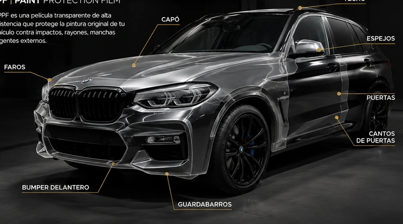 BMW X5 con las zonas más habituales de PPF señaladas: capó, faros, bumper delantero, guardabarros, espejos, techo, puertas y cantos de puertas.